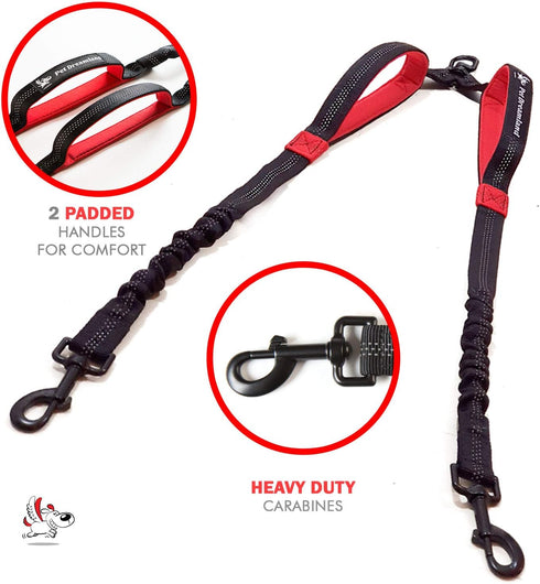 Pet Dreamland Dual Dog Leash Coupler, No Tangle Swivel for Walking Two Medium Dogs - Black & Red