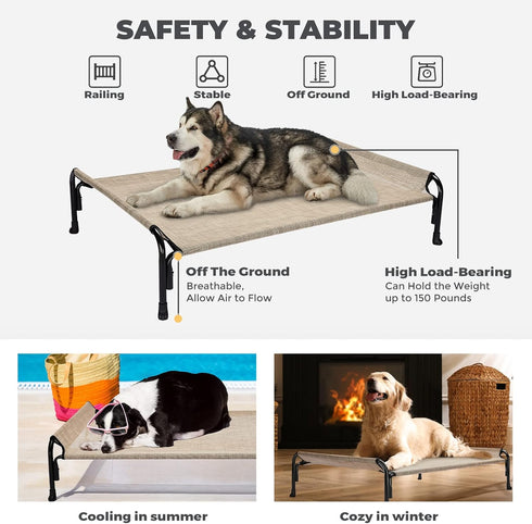 Veehoo Elevated Dog Bed, Outdoor Raised Cots for Large Dogs, Cooling Camping Bed with Slope Headrest, Washable, Beige