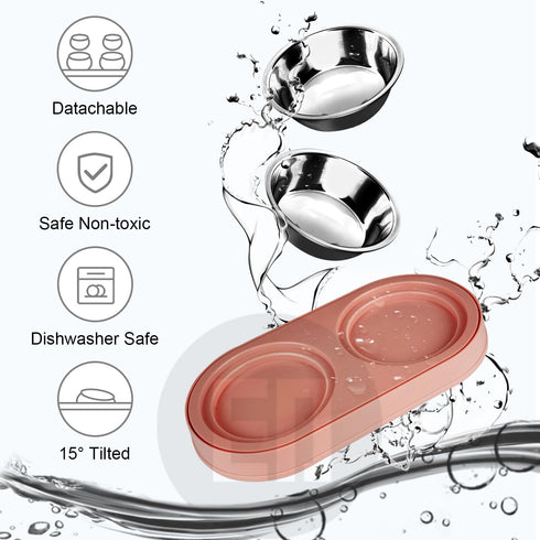 Elevated Cat Food Bowls, Raised Stainless Steel Bowl Set, Tilted Anti Vomiting Double Cat Food and Water Bowls