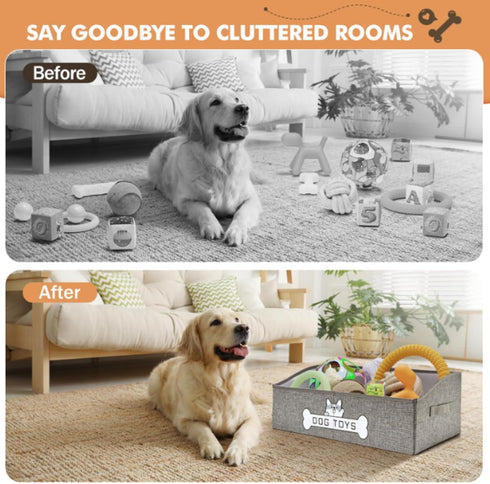 Dog Toy Basket - Collapsible Storage Box with Handle for Pet Toys and Accessories - Specially Designed, Grey