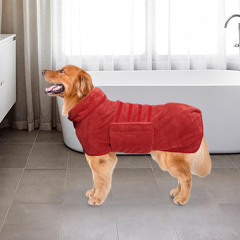 Geyecete Dog Bathrobe Towel - Fast Drying Super Absorbent Pet Dog Cat Bath Robe Towel in Red, Size Medium