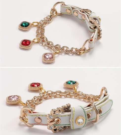 KUDES Adjustable Pet Collar for Small Dogs and Cats, PU Leather with Rhinestone Diamond Pendant, M (10"-11.8")