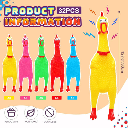Honoson 32 Pcs 12'' Rubber Chicken Dog Toy | Squeeze Screaming Chicken Toy for Dogs