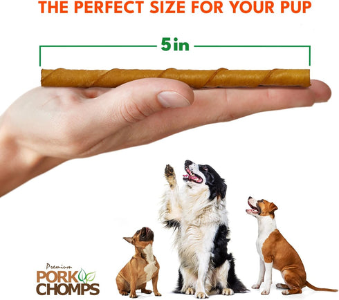 5 Inch 20 Count Pork Chomps Roasted Pork Skin Dog Chews, Mini Twists, - Long-Lasting Treats for Dogs - High Protein