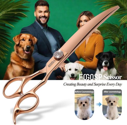 Rose Gold Titanium Curved Dog Grooming Scissors 8'' - Downward 30° with Jewelled Screw, Professional Trimming Shears