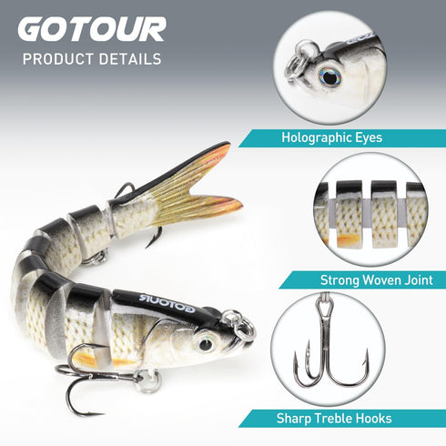 GOTOUR Fishing Lures for Freshwater or Saltwater, Lifelike Jointed Swimbait for Bass, Pike, Panfish, Walleye