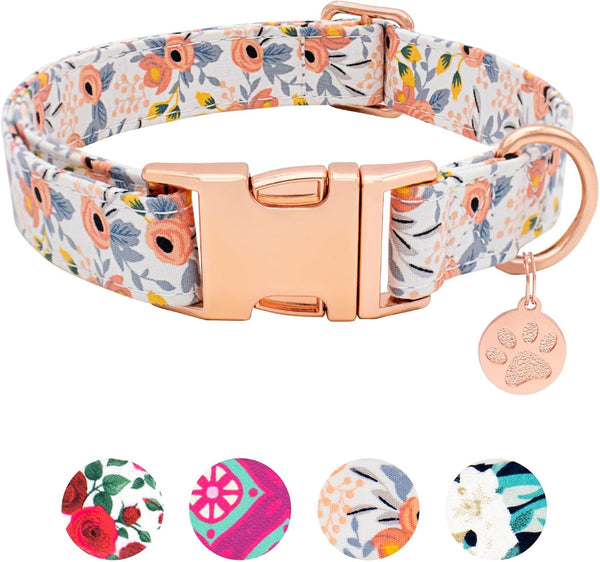 Soft Cotton Dog Collar, Adjustable with Metal Buckle, Orange Floral Pendant for Small Medium Large Dogs (Large)