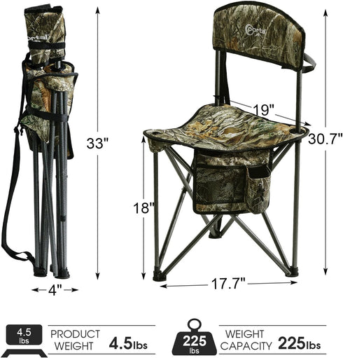 PORTAL Extra Large Quick Folding Tripod Stool with Backrest, Fishing Camping Chair with Carry Strap