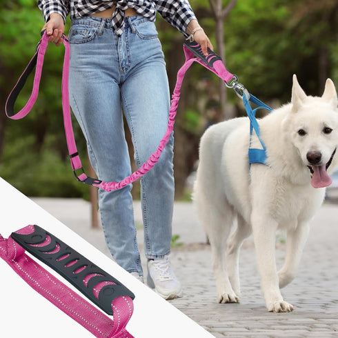 Tactical Heavy Duty Dog Leash, 4-6FT Shock Absorbing Bungee with 2 Padded Handles for Medium Large Dogs, Pink