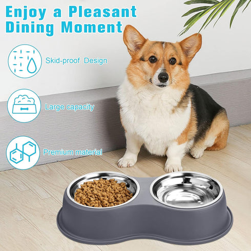Dog Bowls Double Stainless Steel Water and Food Bowls with Non-Slip Resin Station for Medium Dogs