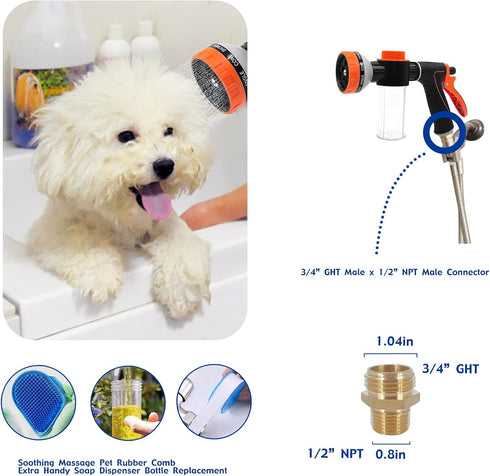 Dog Shower Attachment Water Hose Nozzle Sprayer Set with Metal 3-Way Diverter & 6.6 Ft Long Hose