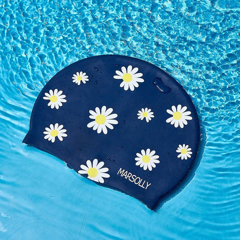 Silicone Swim Cap for Women, Waterproof Long Hair Swimming Cap with Flower Print