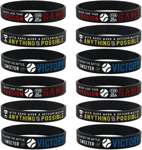 Inkstone 12-pack Baseball Motivational Silicone Bracelets - Wholesale Bulk Sports Gifts