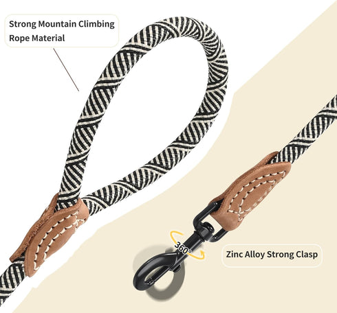 Mile High Life Mountain Climbing Dog Rope Leash with Heavy Duty Metal Clasp, Genuine Leather Connection, White, 48 Inch