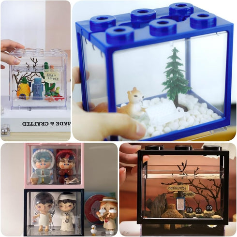 Small Sea Monkey Tank, Stackable Mini Betta Fish Tank Kit with Gravel, Moss Ball, 0.27 Gallon Acrylic Cube Fish Bowl