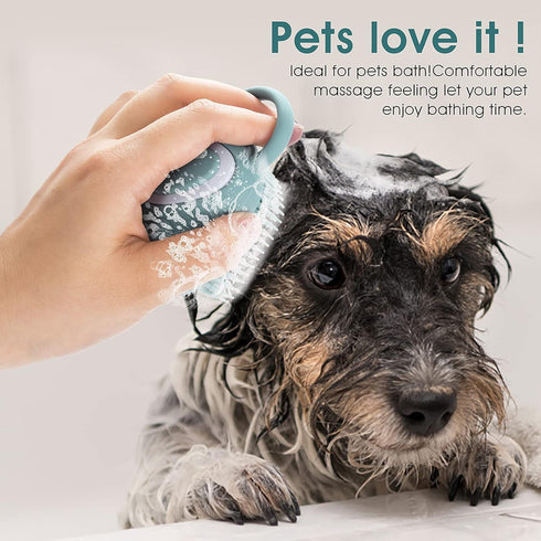 Dog Cat Bath Brush Comb - Silicone Rubber Grooming Brush with Soft Shampoo Dispenser (Blue Paw Shape)