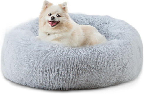 23'' Calming Dog Bed, Plush Anti-Anxiety Round Washable Pet Bed for Small Dogs, Cozy Soft Grey Marshmallow Cuddler