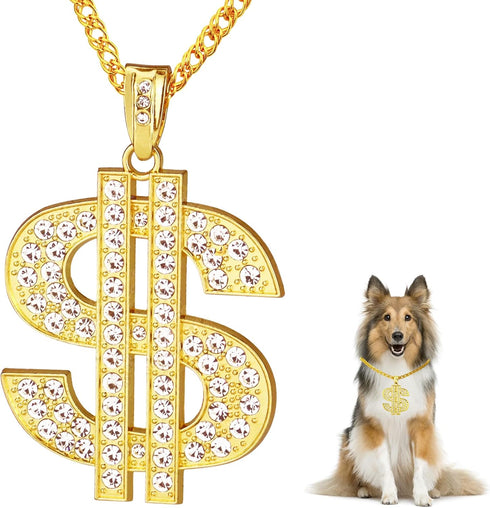 FUNKA Gold Chain Dog Collar - Adjustable Cuban Link Necklace with Crystal Dollar Sign Pendant for Cute Fashion Pet