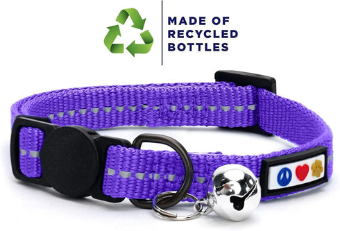 Pawtitas Recycled Cat Collar - Reflective Breakaway Collar with Safety Buckle and Removable Bell, Purple Quartz