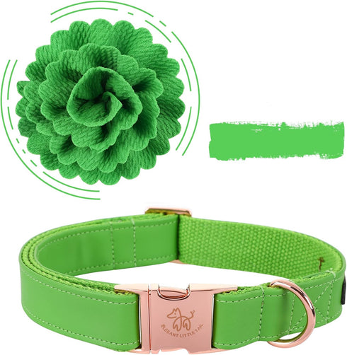 Elegant little tail Green Leather Dog Collar, Durable Flower Pattern Bow Tie for X-Small Dogs and Cats