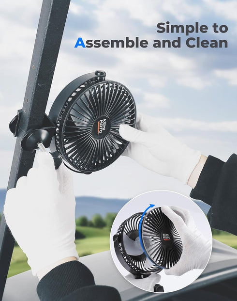 KEMIMOTO Golf Cart Clip Fan with Long Battery Life, 5 Speeds, 360 Degree Rotation, USB Power, Timer, Compatible with