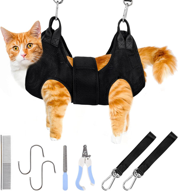 Cat Grooming Hammock, Nail Clipper Hammock for Trimming, Dog Sling for Nail Clipping, Hanging Harness (Black XS)