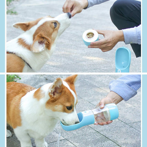 Outdoor Dog Water Bottle Dispenser - Multifunctional Travel Pet Bottle with Food Container, Leak Proof, Blue