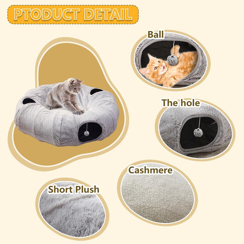 Cat Tunnel Bed for Indoor Cats - Cute Cat Donut Tunnel with Washable Circle Cushion, Round Pet Play Tunnel Toy