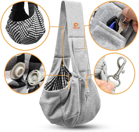 3-10 lbs Tomkas Small Dog Sling Carrier - Zipper Pocket & Adjustable Strap & Zip Pocket - for Pets (Gray, M - Classic
