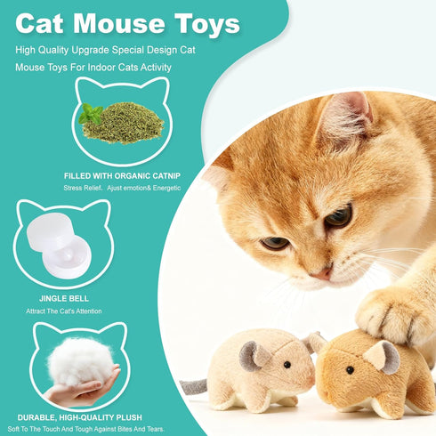 2 Plush Catnip Mice Toys with Rattle Sound- Pcs Interactive Cat Toys for Indoor Cats, Durable Stress Relief