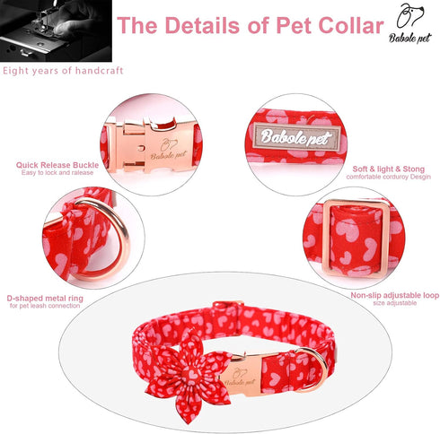 Valentine's Day Dog Collar with Flower Tie, Adjustable Pink Red Collar for Small Medium Large Dogs