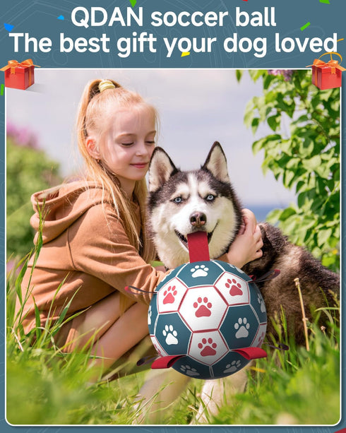 QDAN Dog Toys Soccer Ball with Straps - 10 Inch Durable Herding Ball for Extra Large Dogs, Outdoor Water Toy