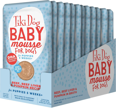 3 oz. (12 Count) Tiki Dog Baby Mousse Wet Dog Food for Puppies, Beef & Beef Liver, Pouch