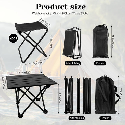 Wensdr 2 Set Folding Camping Table with Chairs Lightweight Picnic Table and Chairs for Beach Hiking Travel Fishing