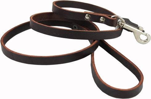 Classic Dog Leash, Genuine Leather, Brown, 1/2" Wide, 4 Ft, for Basset Hound, Collie, Shar-Pei