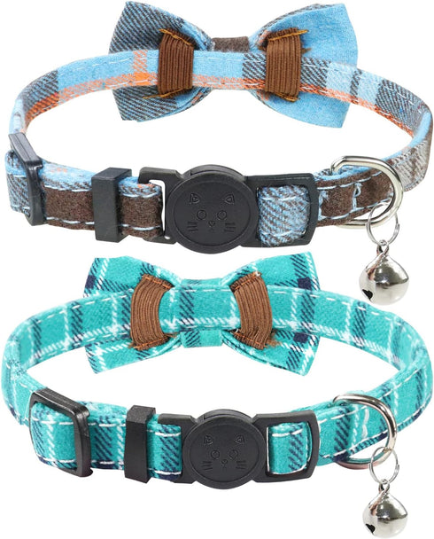 Joytale Upgraded Cat Collar with Bow Tie, Breakaway Collars with Bells, 2 Pack Safety Plaid Kitten Collars, Haze