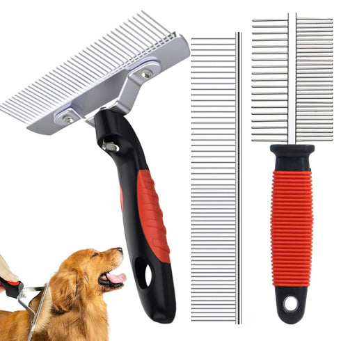 3-Pack Long-Tooth Pet Brush Set - Dog Rake Brush & Steel Shedding
