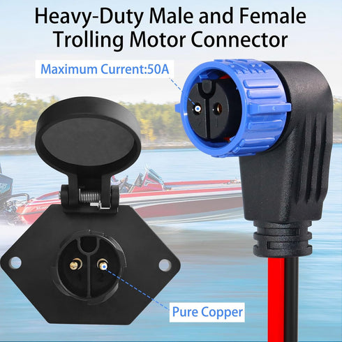 Trolling Motor Plug and Receptacle, 12V/24V/36V/48V 8 Gauge 2-Wire Compatible with Minn Kota Marine Boat, Waterproof