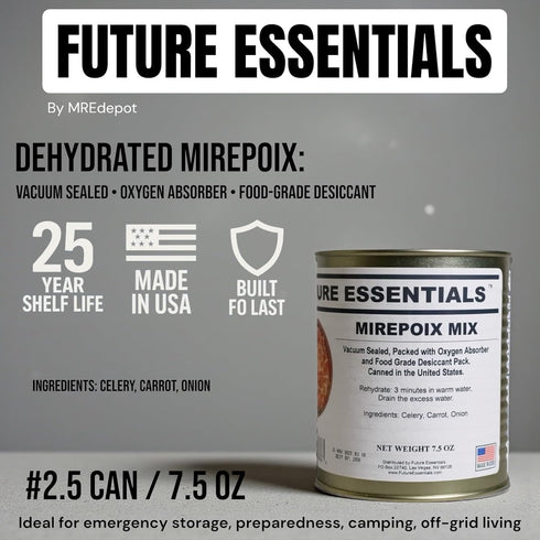 25+ 7.5 oz Future Essentials Dehydrated Mirepoix Mix Dehydrated Vegetables Soup Mix with Carrot, Celery, & Onion