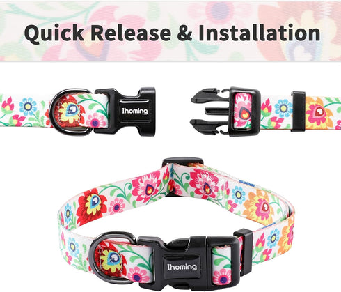 Ihoming Puppy Collar and Leash Set for Daily Outdoor Walking, White Colorful Flowers Design for Extra Small Dogs Cats