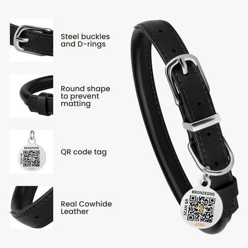 BRONZEDOG Rolled Leather Dog Collar for Small Medium Large Dogs with QR ID Tag (XS: 9-11 Inch, Glossy Black)