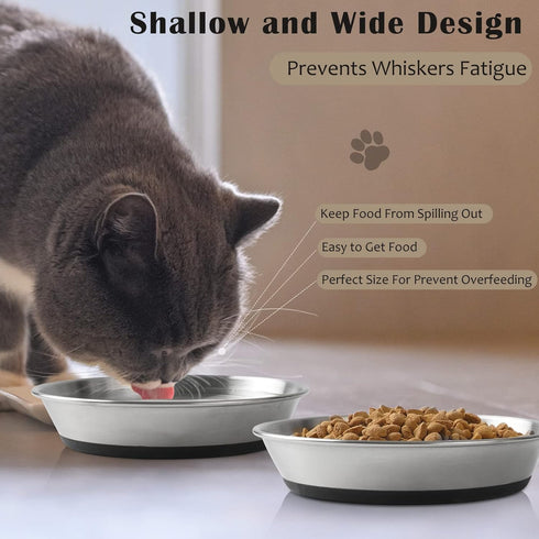 Stainless Steel Cat Bowls, Whisker Friendly Shallow Dishes for Food and Water, Non-Slip Silicone Bottom, 2 Pack
