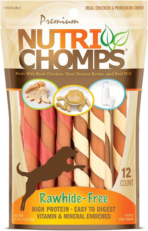 NutriChomps Dog Chews, 5-inch Twists, Rawhide-Free Treats, 12 Count, Real Chicken, Peanut Butter, Milk flavors