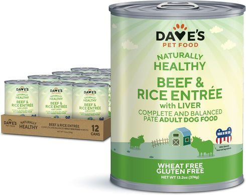 Dave's Pet Food Wet Dog Food (Beef & Rice) - Made in USA, Naturally Healthy, 13.2 oz Cans, Case of 12