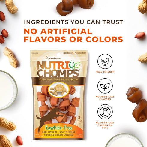 NutriChomps Dog Chews, 2.5-inch Knots, Rawhide-Free Treats, 8 Count, Real Peanut Butter