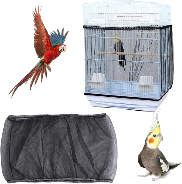 Bird Cage Seed Catcher - Adjustable Net Cover for Bird Cages, Seed Catcher Guard Net for Parrots and Macaws, Black
