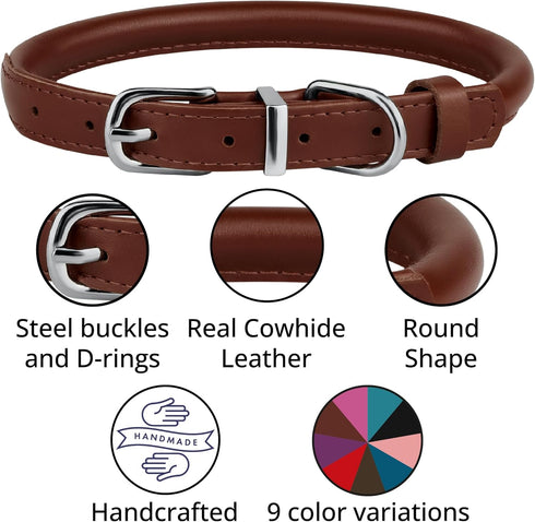 BRONZEDOG Rolled Leather Dog Collar with QR ID Tag for Small, Medium, Large Dogs (XS: 9-11 Inch, Chocolate Brown)