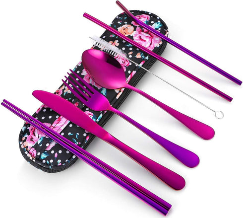Travel Utensils Reusable Silverware Set - Portable Cutlery Set with Waterproof Carrying Case for Lunch Boxes