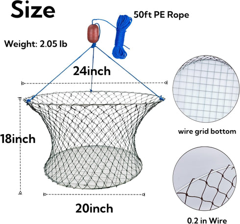 AQWXC 24" 20" 50' Double Ring Crab Trap - Steel Ring Crab Net, Top, Bottom, Rope, Clip, Gauge for Dungeness, Rock