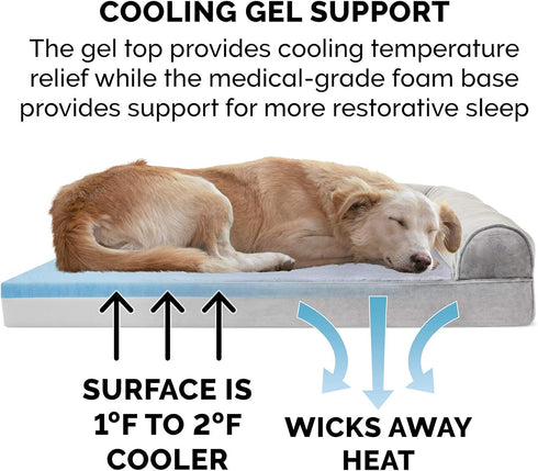 Furhaven Cooling Gel Dog Bed for Medium/Small Dogs, Removable Bolsters, Washable Cover, Faux Fur & Velvet, Smoke Gray